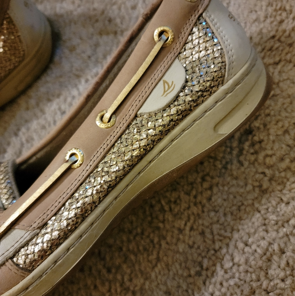 Sperry Top-sider Angelfish tan leather gold sequin boat shoes - Picture 5 of 7